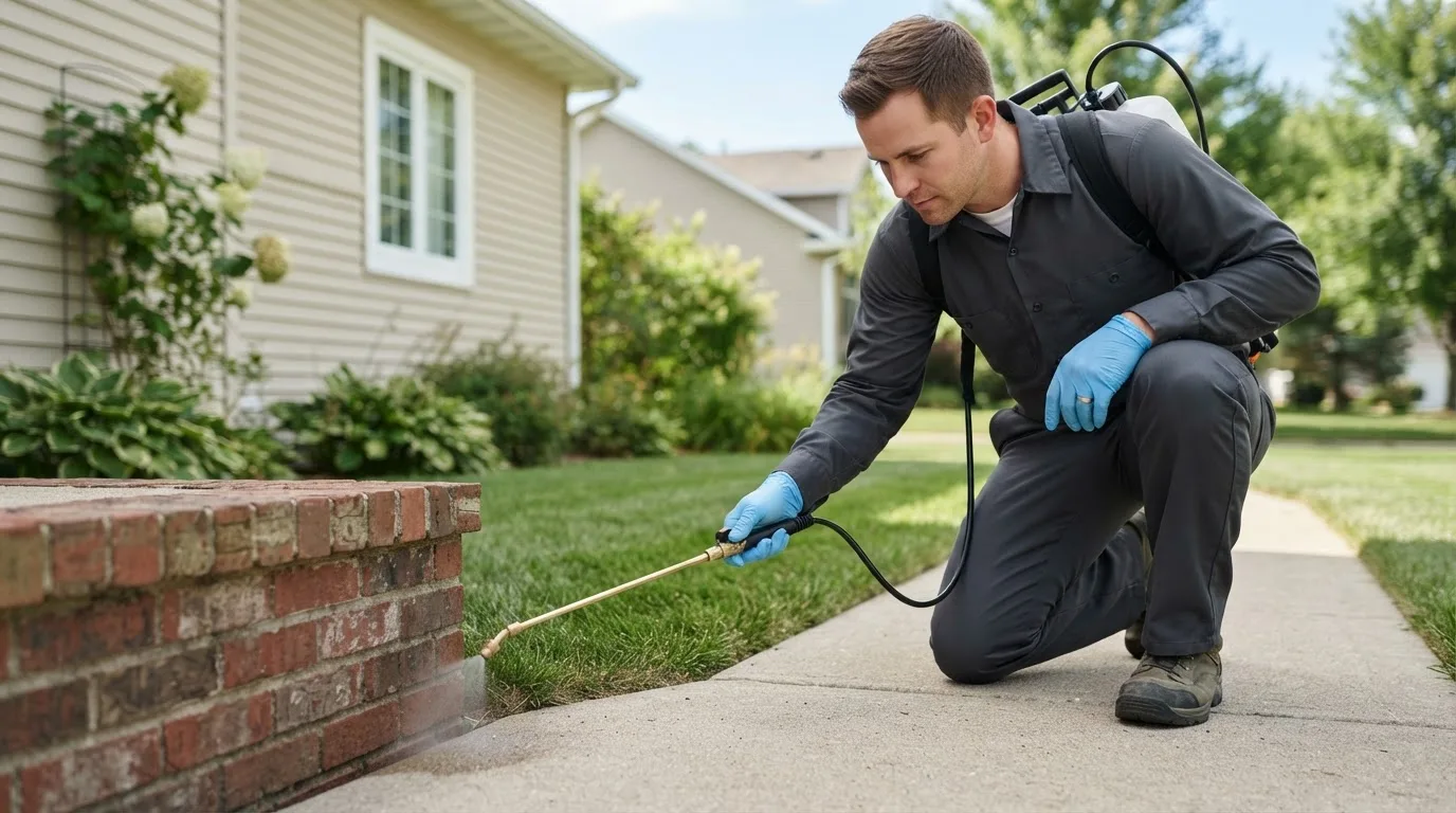 Pest control technician treating a home near Holdenville, OK