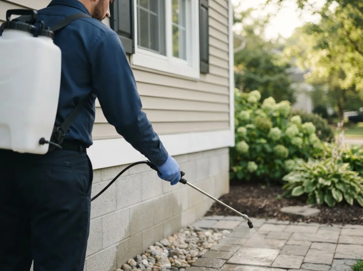 Pest control technician inspecting a home in Holdenville, OK
